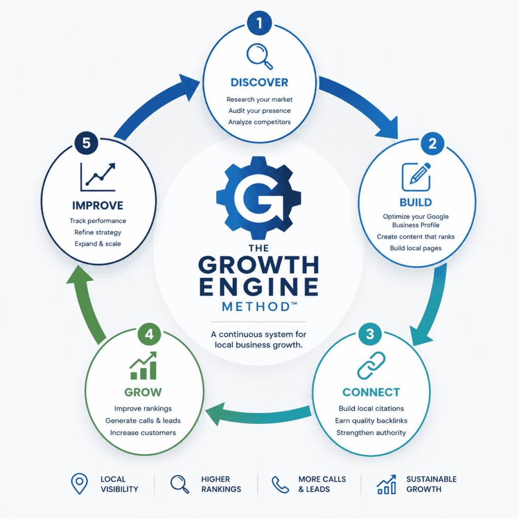 The Growth Engine Method local SEO framework showing five phases: Discover, Build, Connect, Grow, and Improve in a continuous growth cycle.